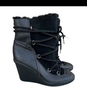 MICHAEL KORS Black Wedge LEATHER Boots with Lace-Up Design- Size 7